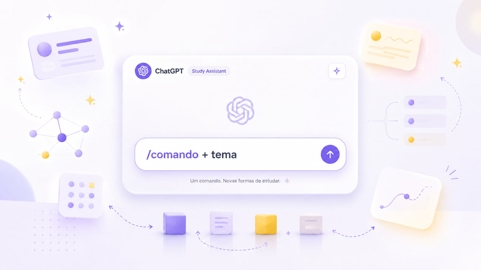 Interface do ChatGPT com o comando ‘/comando + tema’ e elementos visuais que representam diferentes formas de organizar os estudos.